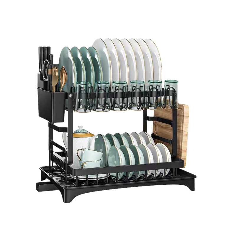 Suport pentru uscare vase din oțel inoxidabil cu 2 niveluri cu scător
